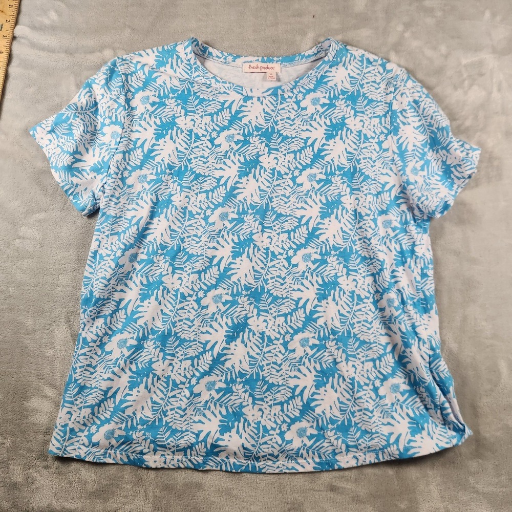 Fresh Produce‎ T-Shirt Women XL Blue Leaf Print Scoop Neck Casual Tropical Beach